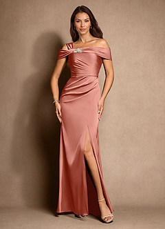 Azazie Altonia Kleider für die Brautmutter Meerjungfrau-Linie Schulterfrei Stretch-Satin Kleid Lachsrosa image4