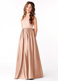 Azazie Hathaway Junior Vestido de Oro Rosa de Satén Elástico de Corte En A con Lazo image3