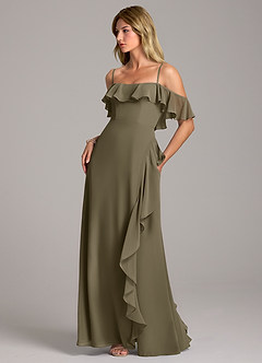 Azazie Aubrie Robes de demoiselle d'honneur Robe Trapèze en Mousseline de soie Épaule décolletée Vert Saule image3