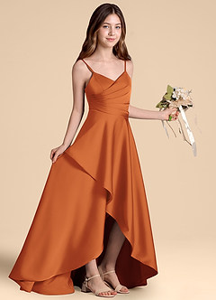 Azazie Prisha Junior Cinnamon A-Line Pleated Stretch Satin Dress image8