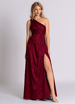 Azazie Brooke 신부 들러리 드레스 A라인 한쪽 어깨 자카드 바닥 길이 드레스 image1