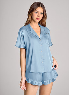 front Matching Color Personalized Embroidered Name Ruffled Short Sleeve Pajama Set