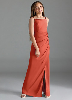 Azazie Leonis Junior Rust A-Line Pleated Stretch Satin Dress image3