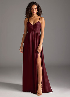 Azazie Alia Bridesmaid Dresses Cabernet A-Line Pleated Stretch Satin Dress image1