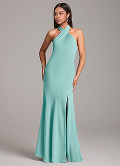 Azazie Lorena Vestidos de damas de honor Vestido de Aqua de Gasa de Corte Sirena con Plisado image4
