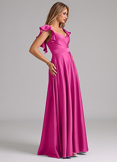 Azazie Leilani Vestidos de damas de honor Vestido de Fucsia de Satén Elástico de Corte en A con Volante image6