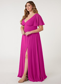 Azazie Kimber Bridesmaid Dresses Fuchsia A-Line Flounce Sleeve Chiffon Dress image3