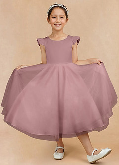 Azazie Hemi Robe Demoiselle D'honneur Fillette Robe Trapèze en Tulle Arc Rose Poussiéreuse image7