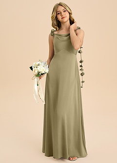 Azazie Gumdrop Junior Moss Green Empire Pleated Stretch Satin Dress image2