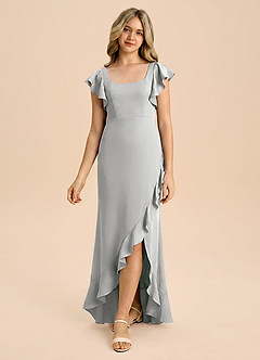 Azazie Demi Junior Silver Mermaid Bow Stretch Satin Dress image5