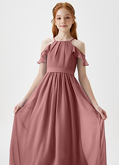 Azazie Chaya Junior Robe Trapèze en Mousseline de soie Épaule décolletée Rose Du Désert image1