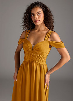 Azazie Lianne Bridesmaid Dresses Butterscotch A-Line Off the Shoulder Stretch Satin Dress image3