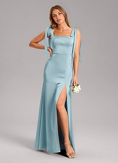 Azazie Frostine Bridesmaid Dresses Moody Blue A-Line Bow Stretch Satin Dress image1