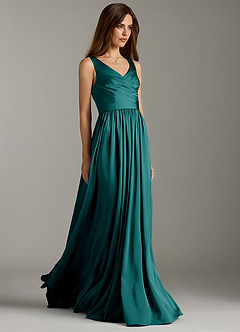 Azazie Keyla Brautjungfernkleider A-Linie Plissee Stretch-Satin Kleid Pfau image1