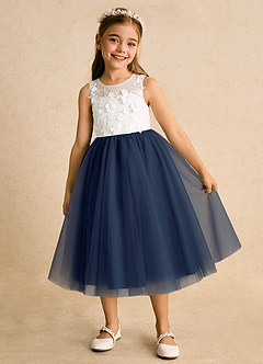 Azazie Lina Flower Girl Dresses Ivory Dark Navy Ball-Gown Lace Dress image2
