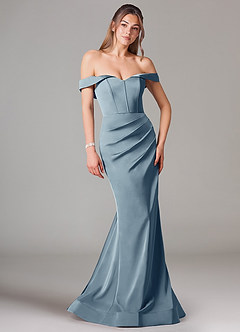Azazie Everly Bridesmaid Dresses Dusty Blue Mermaid Off the Shoulder Stretch Satin Convertible Dress image1