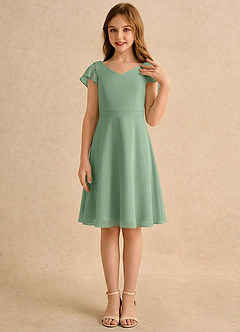 Azazie Narin Girls Formal Robe Demoiselle D'honneur Fillette Robe Trapèze en Mousseline de soie avec manches Matcha image4