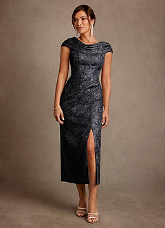 Azazie Alpine 신부의 어머니 드레스 A라인 주름진 플로럴 자카드 티 길이 드레스 image3