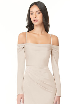 Azazie Hallie Bridesmaid Dresses White Alabaster Sheath Off-The-Shoulder Long Sleeve Stretch Satin Convertible Dress image2
