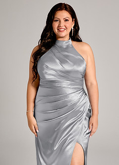Azazie Jemma Bridesmaid Dresses Silver Sheath Pleated Metallic Satin Dress image12
