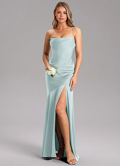 Azazie Grata Bridesmaid Dresses Mist Sheath Side Slit Stretch Satin Dress image1