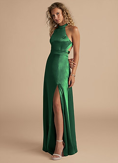 Azazie Clarice Bridesmaid Dresses Dark Green A-Line High Neck Metallic Satin Dress image5