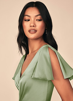 Azazie Soren Bridesmaid Dresses Dusty Sage A-Line Pleated Stretch Satin Dress image6