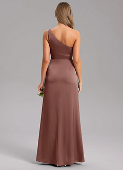 Azazie Feby Bridesmaid Dresses Espresso A-Line One Shoulder Stretch Satin Dress image2