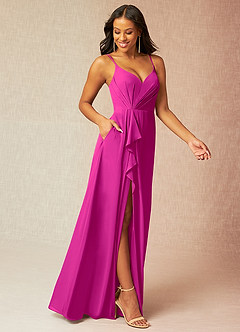 Azazie Kyedae Brautjungfernkleider A-Linie V-Hals Gefaltet Chiffon Kleid Fuchsia image3