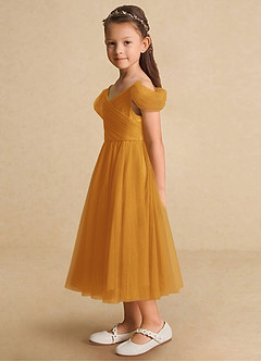 Azazie Lizzette Flower Girl Dresses Butterscotch A-Line Ruched Tulle Dress image3