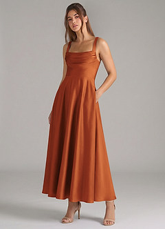 Azazie Shaude Bridesmaid Dresses Cinnamon A-Line Pleated Stretch Satin Dress image5