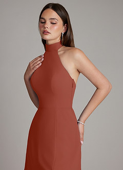 Azazie Myra Vestidos de madrinha de casamento Vestido Castanho Aloirado de Chiffon de Linha A com Pescoço alto image3