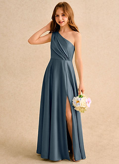 Azazie Puddles Girls Formal Abiti da Ragazza di Fiori Abito A-Line in Raso Elasticizzato Monospalla Crepuscolo image3