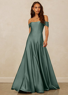 Christian Siriano Bridal for Azazie 1002 Bridesmaid Dresses Sea Moss A-Line Off the Shoulder Stretch Satin Convertible Dress image1