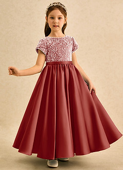Azazie Cashew Flower Girl Dresses Terracotta Ball-Gown with Sleeves Matte Satin Dress image4