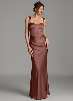 Azazie Mela At-home Try On Dresses Dusty Rose Sheath Corset Stretch Satin Dress image3