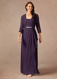Azazie Ainsling Mother of the Bride Dresses Plum A-Line Square Neckline Lace Chiffon Dress image5