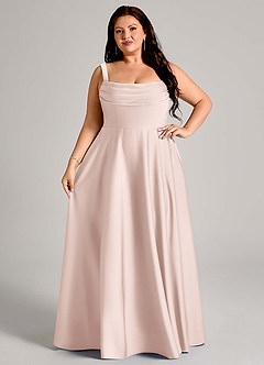 Azazie Shaude Bridesmaid Dresses Blushing Pink A-Line Pleated Stretch Satin Dress image12