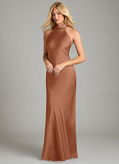 Azazie Velli Bridesmaid Dresses Bronzer Mermaid High Neck Stretch Satin Dress image1