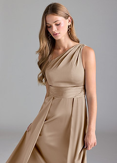 Azazie Dallas Brautjungfernkleider A-Linie One-Shoulder Stretch-Satin Kleid Taupe image6