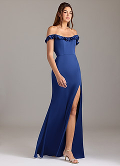 Azazie Callie Vestidos de damas de honor Vestido de Azul Real de Satén Elástico de Corte en A Convertible con Volante image6