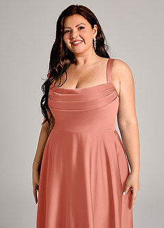 Azazie Shaude Bridesmaid Dresses Salmon Pink A-Line Pleated Stretch Satin Dress image9