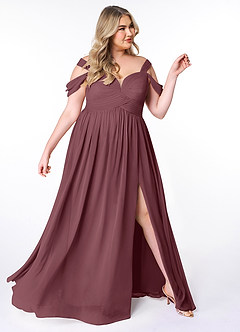 Azazie Lianne Bridesmaid Dresses Sangria A-Line Off the Shoulder Chiffon Dress image10