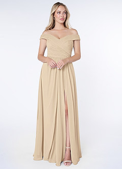 Azazie Audrianna Brautjungfernkleider Wandelbar A-Linie Schulterfrei gerafft Chiffon Kleid Champagner image1