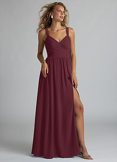 Azazie Aziza Bridesmaid Dresses Cabernet A-Line V-Neck Pleated Chiffon Dress image1