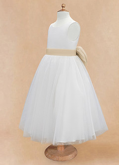 Azazie Kavi Flower Girl Dresses Ivory Champagne A-Line Bow Matte Satin Dress image9