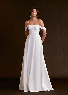 Azazie Ava At-home Try On Dresses Diamond White A-Line Off the Shoulder Stretch Chiffon Dress image3
