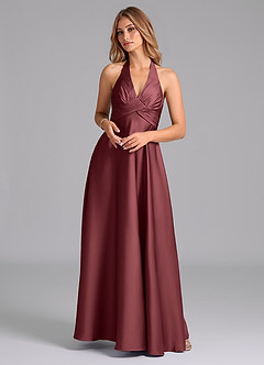 Azazie Tessie Bridesmaid Dresses Merlot A-Line Pleated Stretch Satin Dress image1