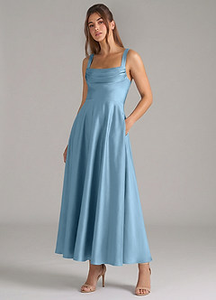 Azazie Shaude Bridesmaid Dresses Steel Blue A-Line Pleated Stretch Satin Dress image5