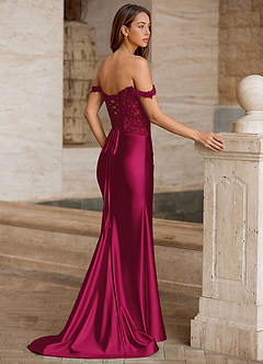 Linange Burgundy Embroidered Appliqué Satin Prom Dress image4